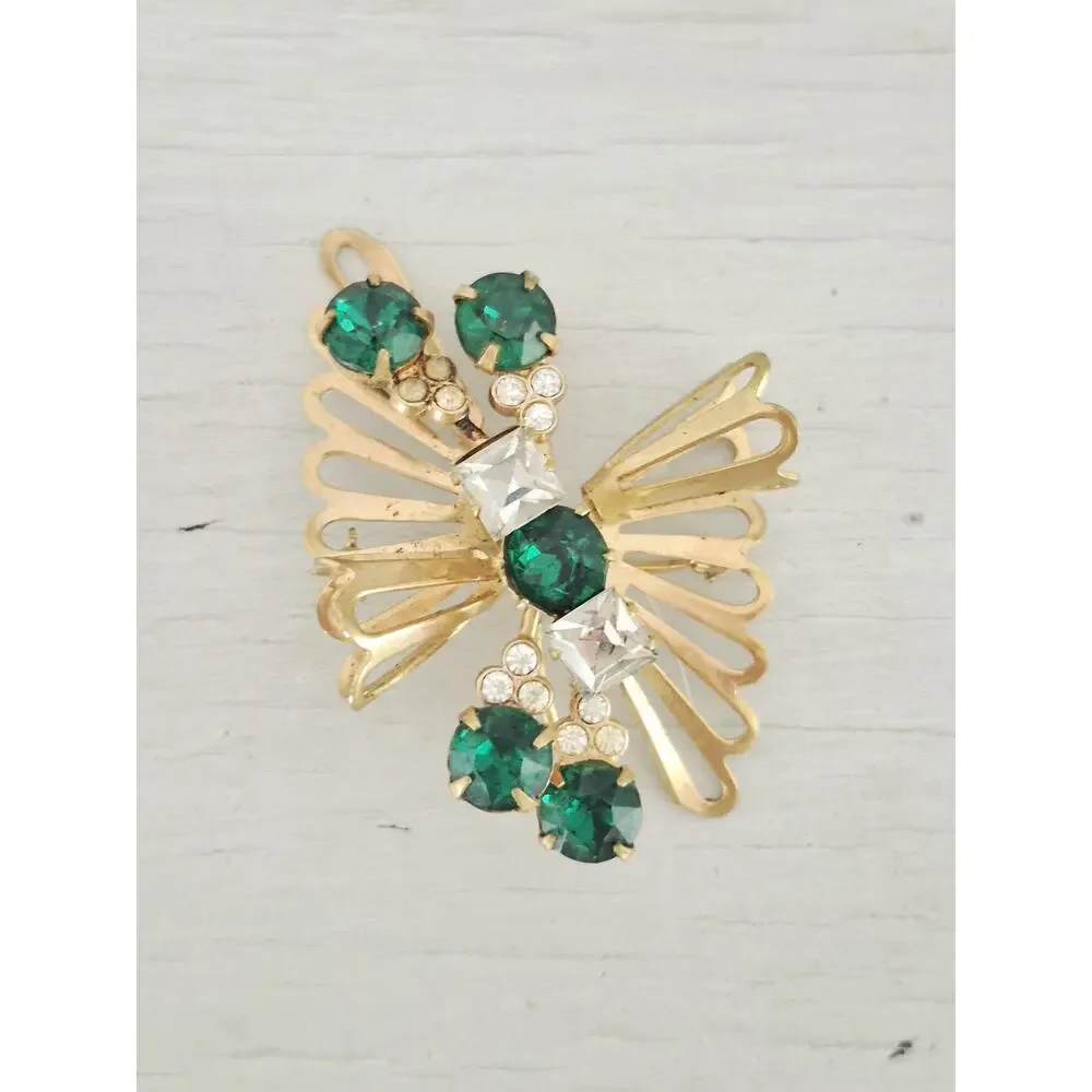 Vintage Emerald Green Rhinestone Gold-Tone Brooch